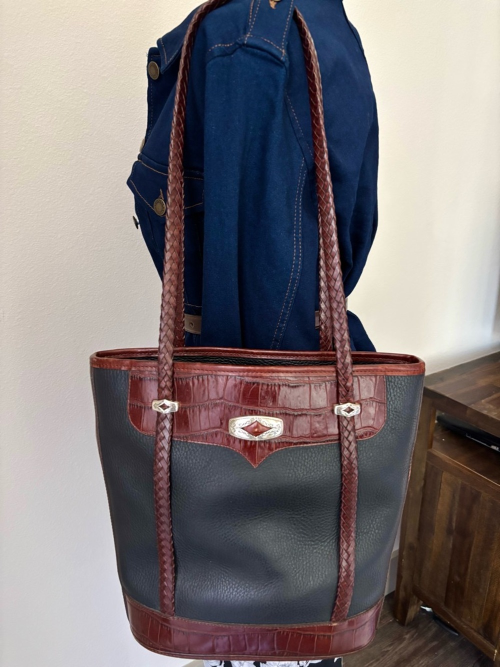 Brighton Black Leather Tote Bag Brown Croc Trim Braided Straps